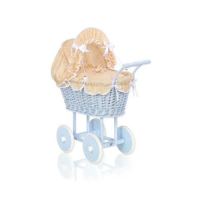 Poussette de Poupée en Osier avec Ensemble de Linge de Lit Blanc Beige Bleu à Pois