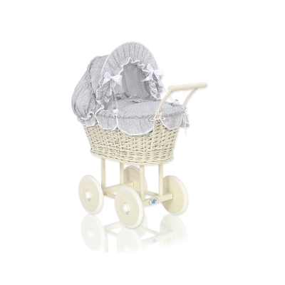 Poussette de Poupée en Osier avec Ensemble de Linge de Lit Blanc Gris à Pois