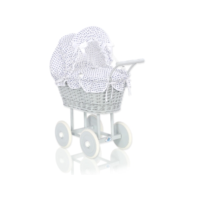 Poussette de Poupée en Osier avec Ensemble de Linge de Lit Blanc Gris Bleu Marine à Pois