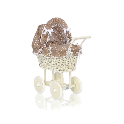 Poussette de Poupée en Osier avec Ensemble de Linge de Lit Crème Brun à Pois