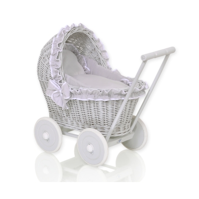 Poussette de Poupée en Osier avec Ensemble de Linge de Lit Gris