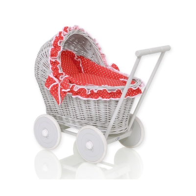 Poussette de Poupée en Osier avec Ensemble de Linge de Lit Gris Rouge à Pois