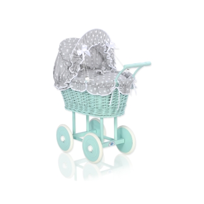 Poussette de Poupée en Osier avec Ensemble de Linge de Lit Menthe Blanc Gris à Pois