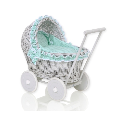 Poussette de Poupée en Osier avec Ensemble de Linge de Lit Menthe Gris à Pois