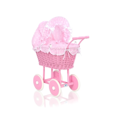 Poussette de Poupée en Osier avec Ensemble de Linge de Lit Rose à Pois