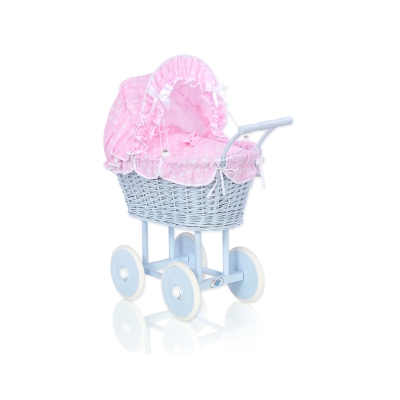 Poussette de Poupée en Osier avec Ensemble de Linge de Lit Rose Bleu à Pois