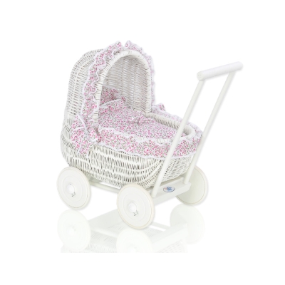 Poussette de Poupée en Osier Blanc avec Linge de Lit à Carreaux Blanc
