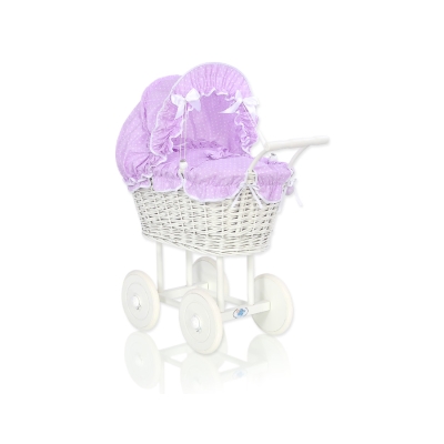 Poussette de Poupée en Osier Blanc avec Linge de Lit à Carreaux Blanc Lila à Pois