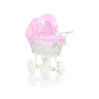 Poussette de Poupée en Osier Blanc avec Linge de Lit à Carreaux Rose Blanc à Pois