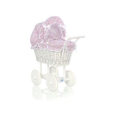 Poussette de Poupée en Osier Blanc avec Linge de Lit à Carreaux Rose Fleurs