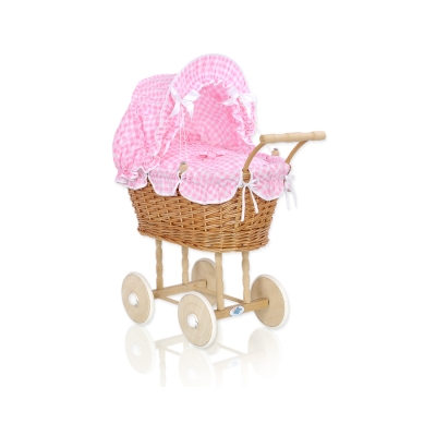 Poussettes de Poupée en Osier Naturel Rose à Carreaux