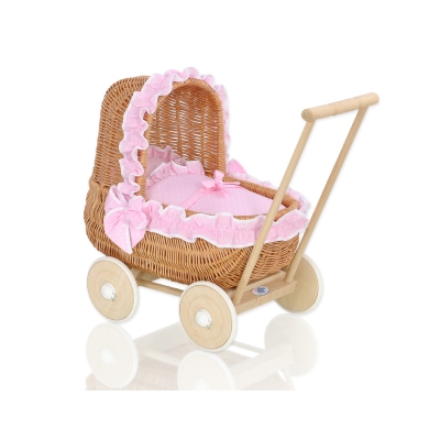 Poussettes de Poupée en Rotin Naturel Rose Blanc à Pois