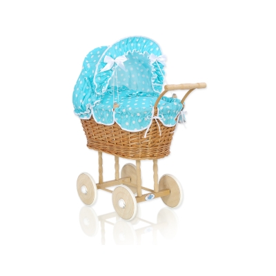 Poussettes de Poupée en Rotin Naturel Turquoise à Pois