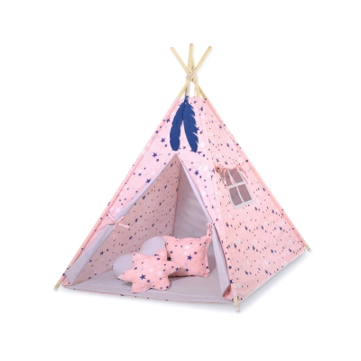 Tipi pour Enfant avec Tapis de Sol et Plumes Décoratives Bleu Rose Gris étoiles