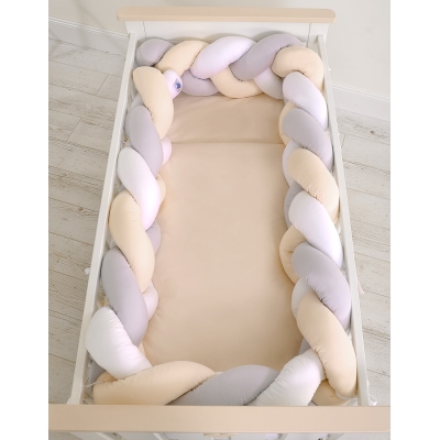 Tour de Lit Bébé Tressé Extra Long 3,6m Blanc Gris Beige