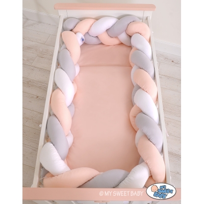 Tour de Lit Bébé Tressé Extra Long 3,6m Blanc Gris Rose Poudré