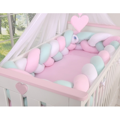 Tour de Lit Bébé Tressé Extra Long 3,6m Menthe Rose Blanc