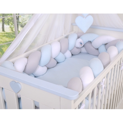 Tour de Lit Bébé Tressé XXL Blanc Gris Bleu