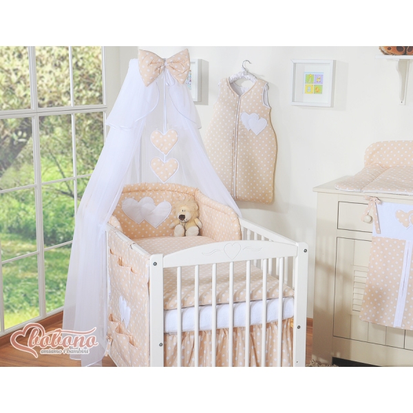 5 pcs Ensemble pour Lit Bébé avec Moustiquaire Beige à Pois Cœurs