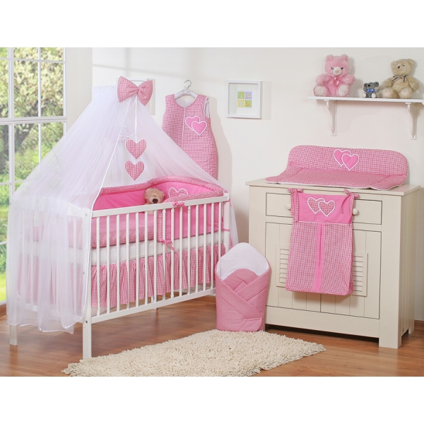 5 pcs Ensemble pour Lit Bébé avec Moustiquaire Rose à Carreaux Cœurs
