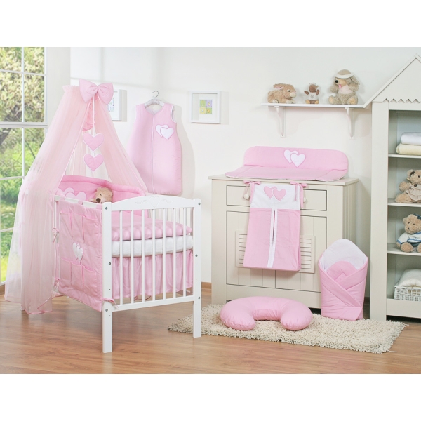 5 pcs Ensemble pour Lit Bébé avec Moustiquaire Rose Cœurs
