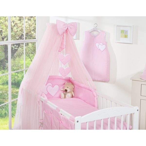 5 pcs Ensemble pour Lit Bébé avec Moustiquaire Rose Cœurs