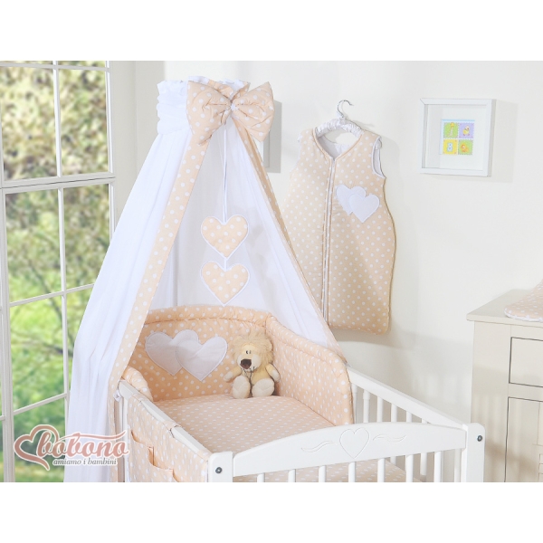 7 pcs Ensemble Linge Ciel Tour de Lit Bébé Beige à Pois Cœurs