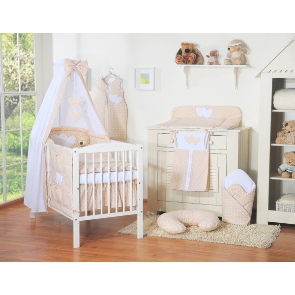 7 pcs Ensemble Linge Ciel Tour de Lit Bébé Beige à Pois Cœurs