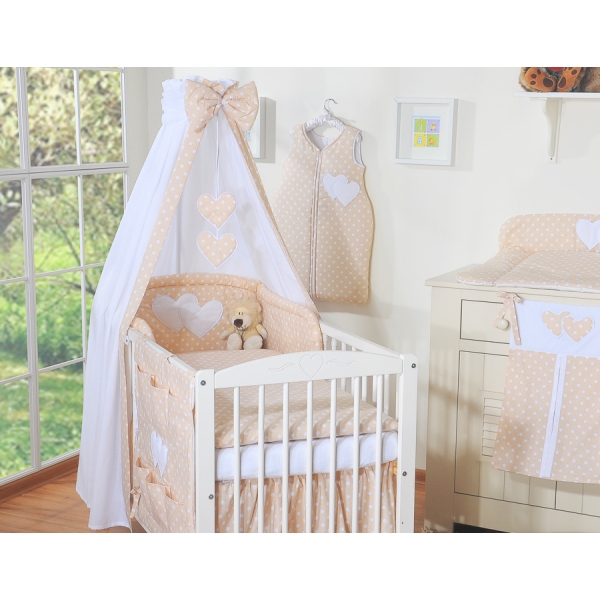 7 pcs Ensemble Linge Ciel Tour de Lit Bébé Beige à Pois Cœurs