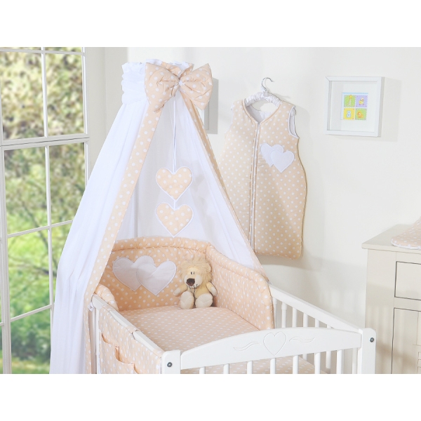 7 pcs Ensemble Linge Ciel Tour de Lit Bébé Beige à Pois Cœurs