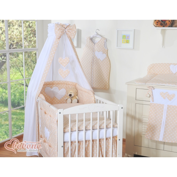 7 pcs Ensemble Linge Ciel Tour de Lit Bébé Beige à Pois Cœurs