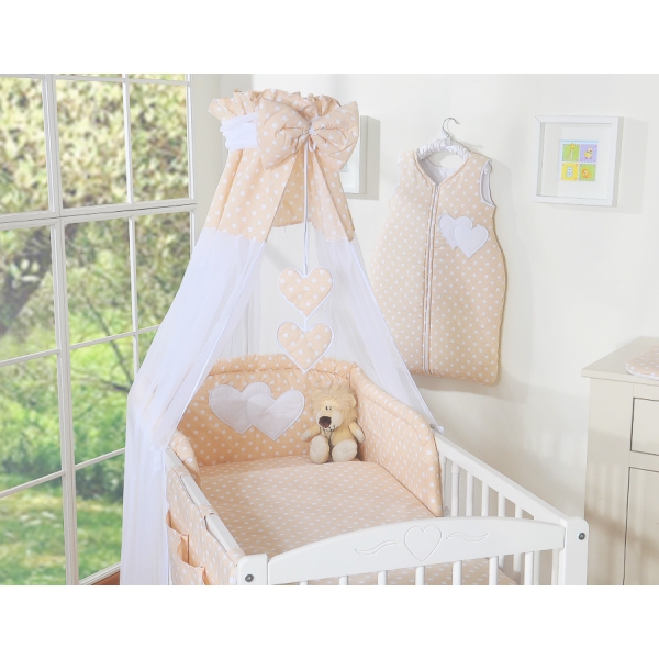 7 pcs Ensemble Linge Ciel Tour de Lit Bébé Beige à Pois Cœurs