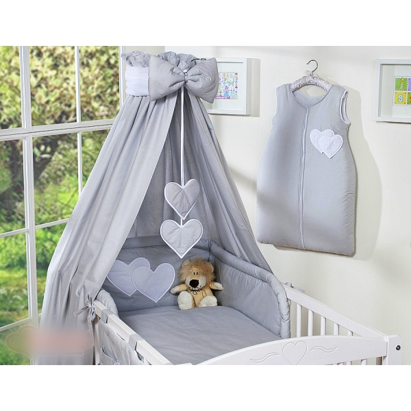 7 pcs Ensemble Linge Ciel Tour de Lit Bébé Gris Cœurs