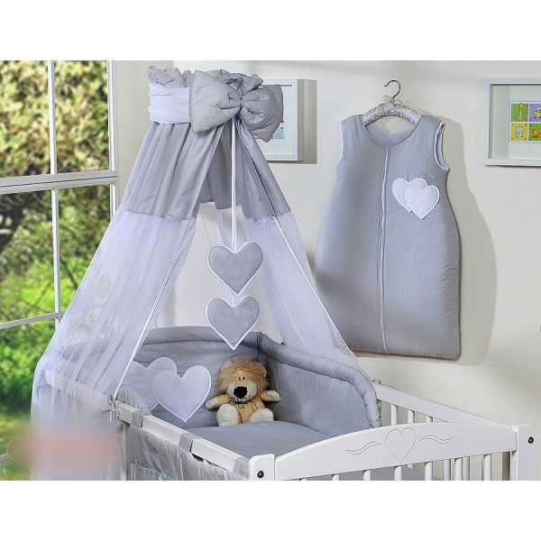 7 pcs Ensemble Linge Ciel Tour de Lit Bébé Gris Cœurs