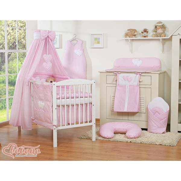 7 pcs Ensemble Linge Ciel Tour de Lit Bébé Rose à Pois Cœurs