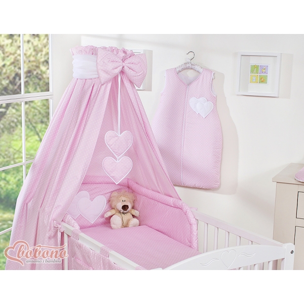 7 pcs Ensemble Linge Ciel Tour de Lit Bébé Rose à Pois Cœurs