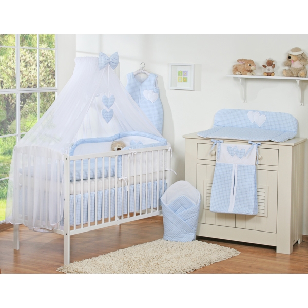 7pcs Ensemble Lit Bébé Ciel Tour de Lit Bleu à Carreaux Cœurs