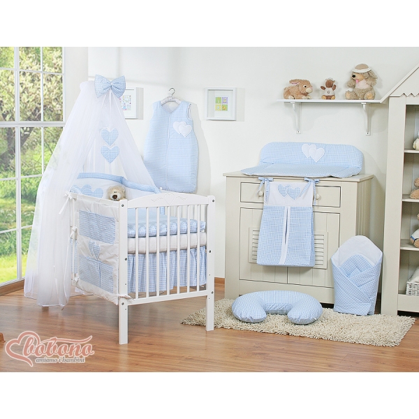 7pcs Ensemble Lit Bébé Ciel Tour de Lit Bleu à Carreaux Cœurs