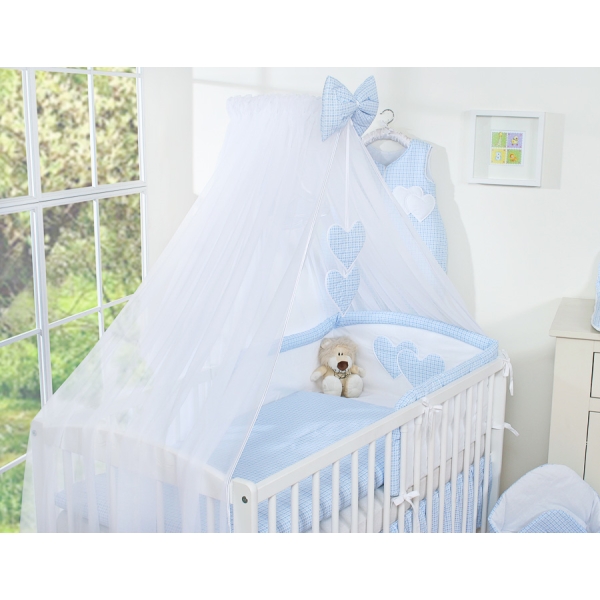 7pcs Ensemble Lit Bébé Ciel Tour de Lit Bleu à Carreaux Cœurs