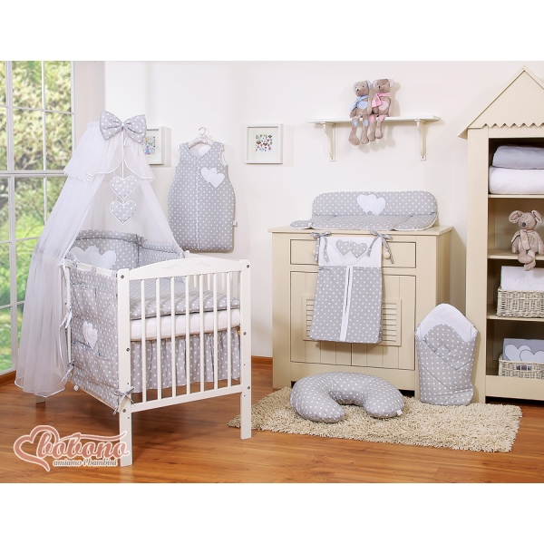 7pcs Ensemble Lit Bébé Ciel Tour de Lit Gris à Pois Cœurs