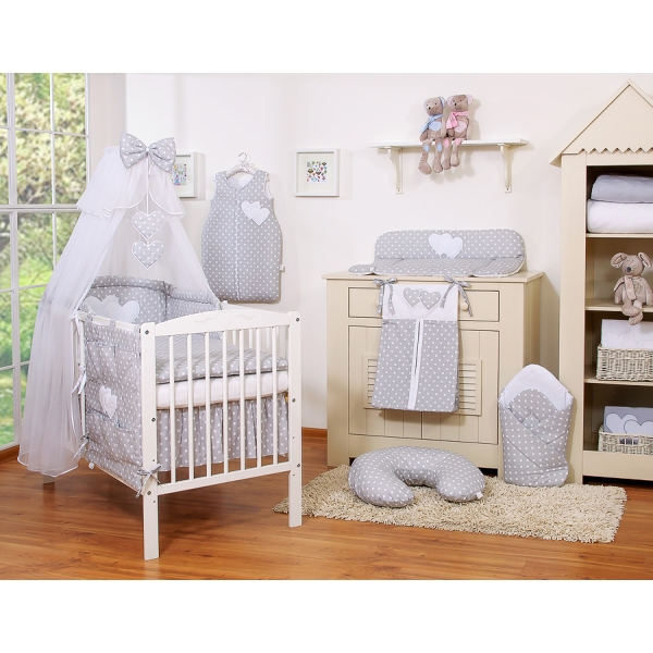 7pcs Ensemble Lit Bébé Ciel Tour de Lit Gris à Pois Cœurs
