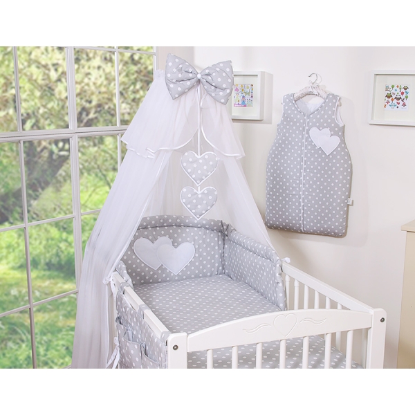 7pcs Ensemble Lit Bébé Ciel Tour de Lit Gris à Pois Cœurs