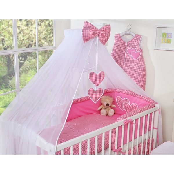7pcs Ensemble Lit Bébé Ciel Tour de Lit Rose à Carreaux Cœurs