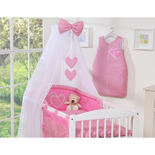 7pcs Ensemble Lit Bébé Ciel Tour de Lit Rose à Carreaux Cœurs
