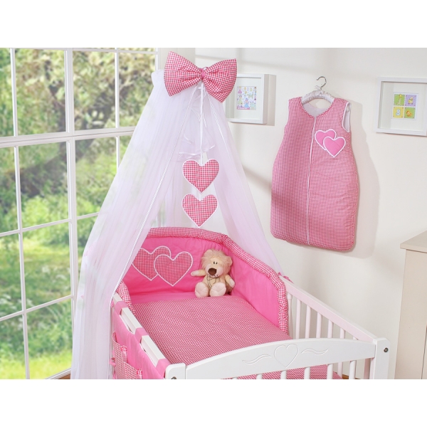 7pcs Ensemble Lit Bébé Ciel Tour de Lit Rose à Carreaux Cœurs