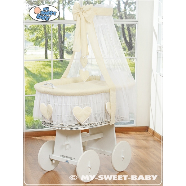 Berceau Bébé avec Voile en Osier Naturel, Sur Roulettes Amelie