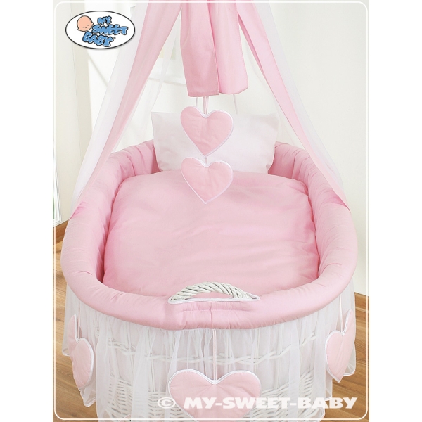 Berceau Bébé avec Voile en Osier Naturel, Sur Roulettes Rose Amelie