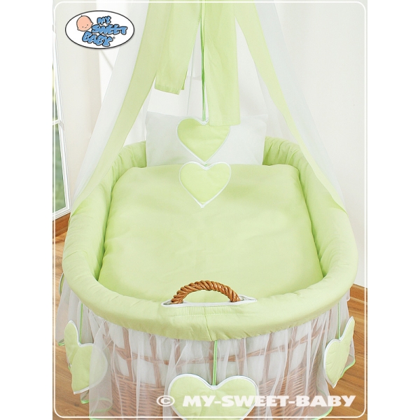 Berceau Bébé avec Voile en Osier Naturel, Sur Roulettes Vert Amelie