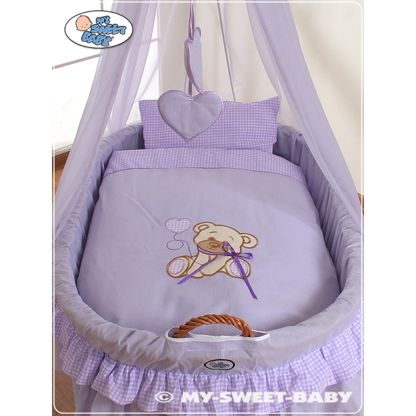 Berceau Bébé en Osier Complet à Ciel avec Textile Retombant Lila Papillon