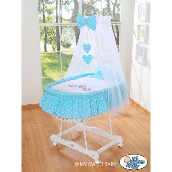 Berceau Bébé en Osier Complet à Ciel avec Textile Retombant Turquoise Hiboux